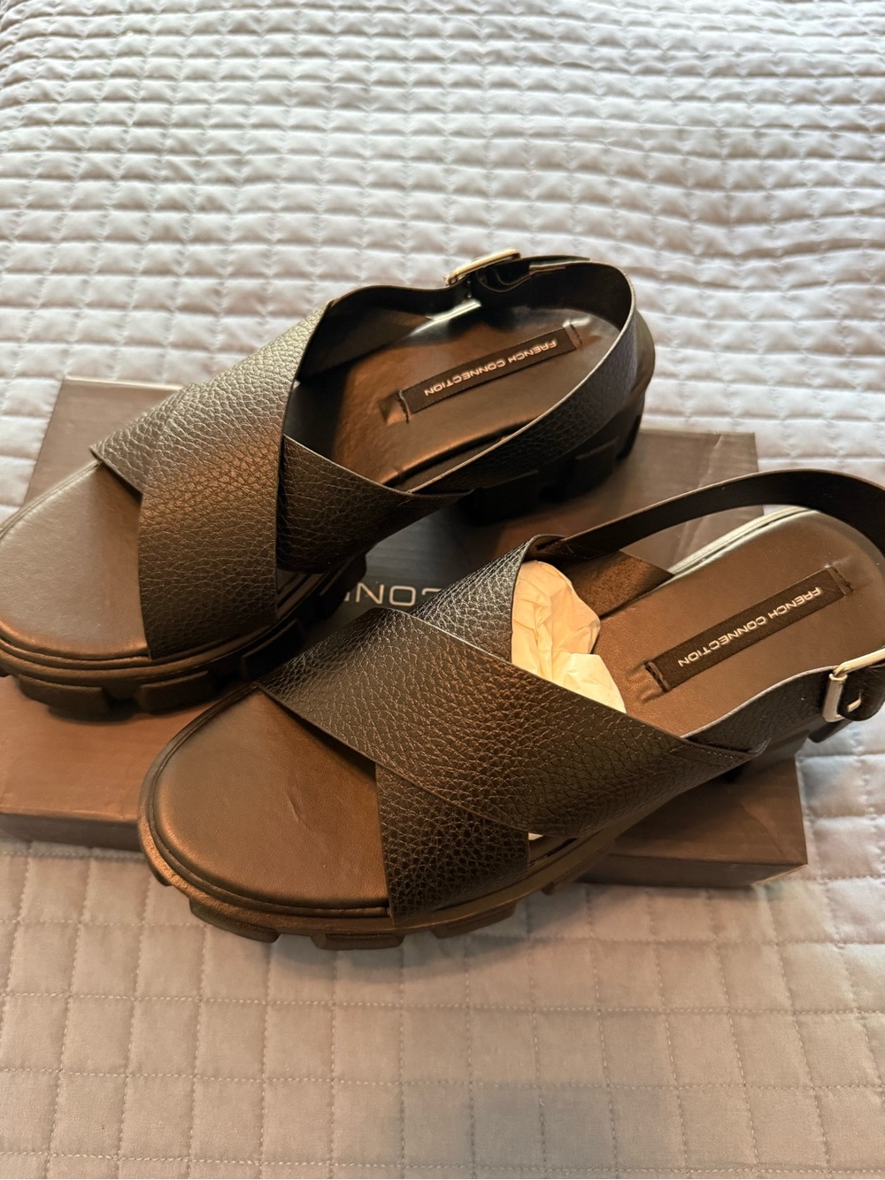 French Connection Black Cross-Strap Lug Sandals